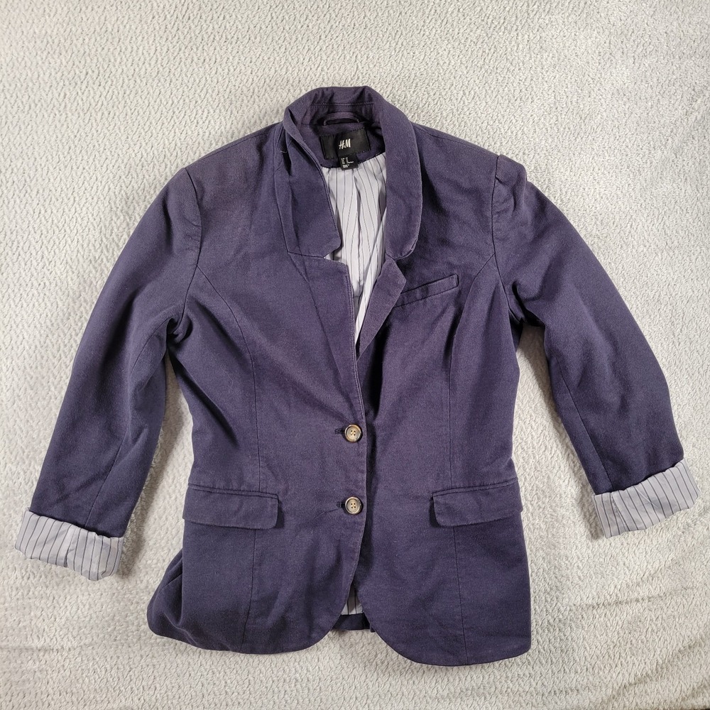 H&M womens blue lined blazer w/ brown elbow patches size 12